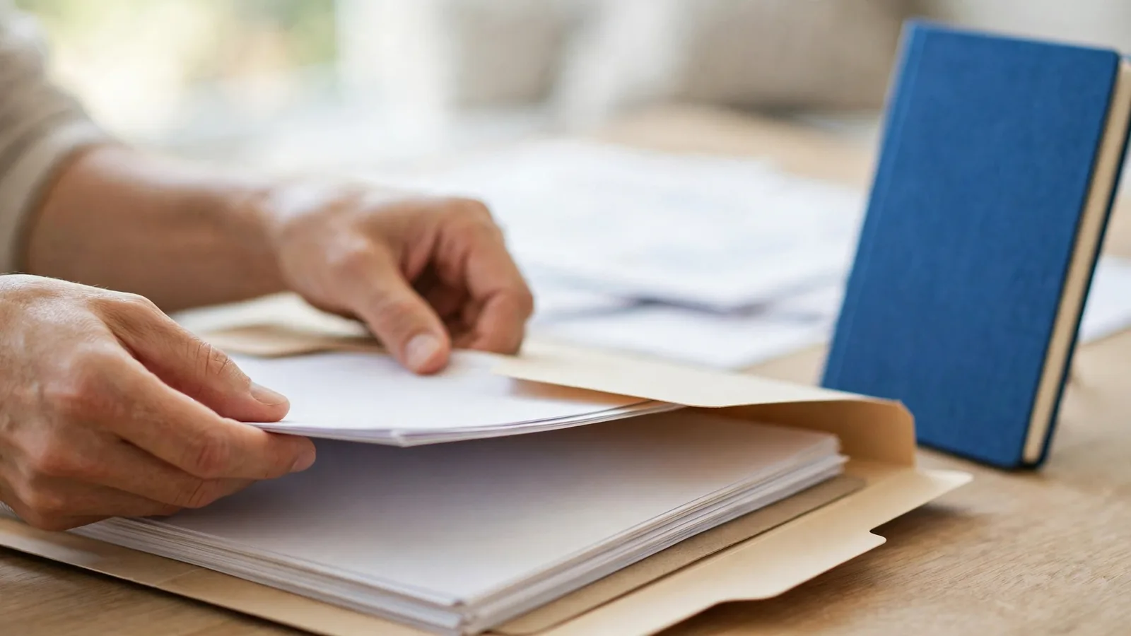 Manos guardando documentos en una carpeta junto a un pasaporte