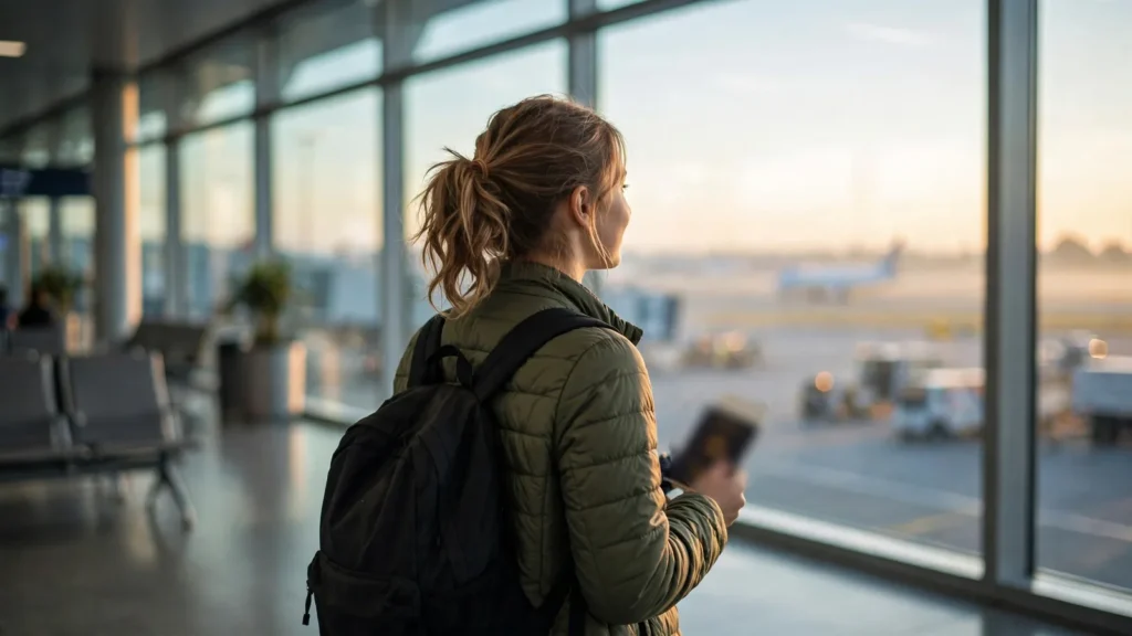 Viajera con mochila y pasaporte mirando la pista en un aeropuerto