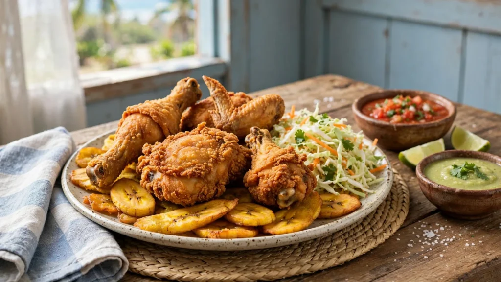 Plato de pollo chuco con tajadas, ensalada de repollo y salsas en un comedor costeño