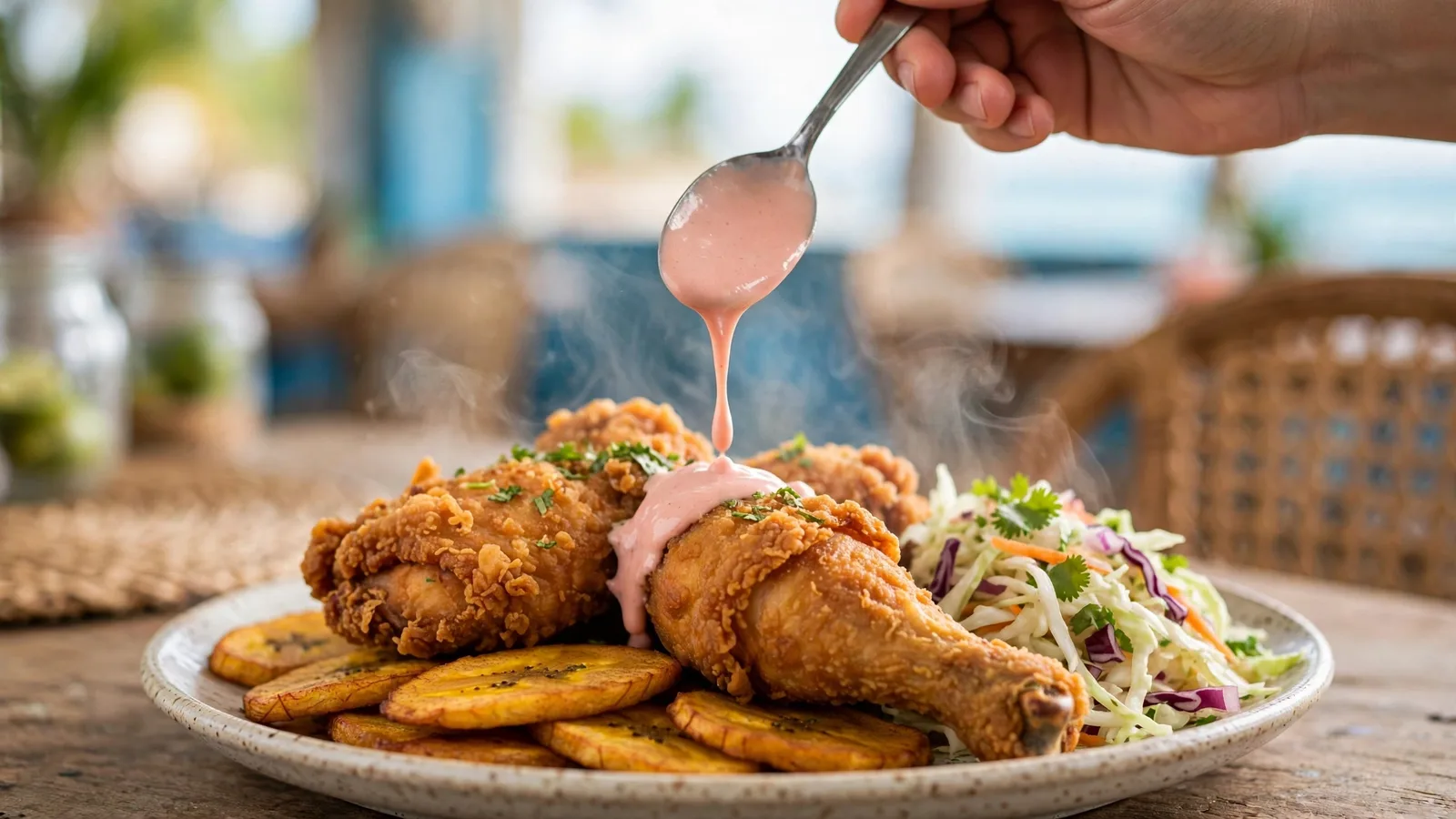 Mano echando salsa rosada sobre el pollo chuco ya servido