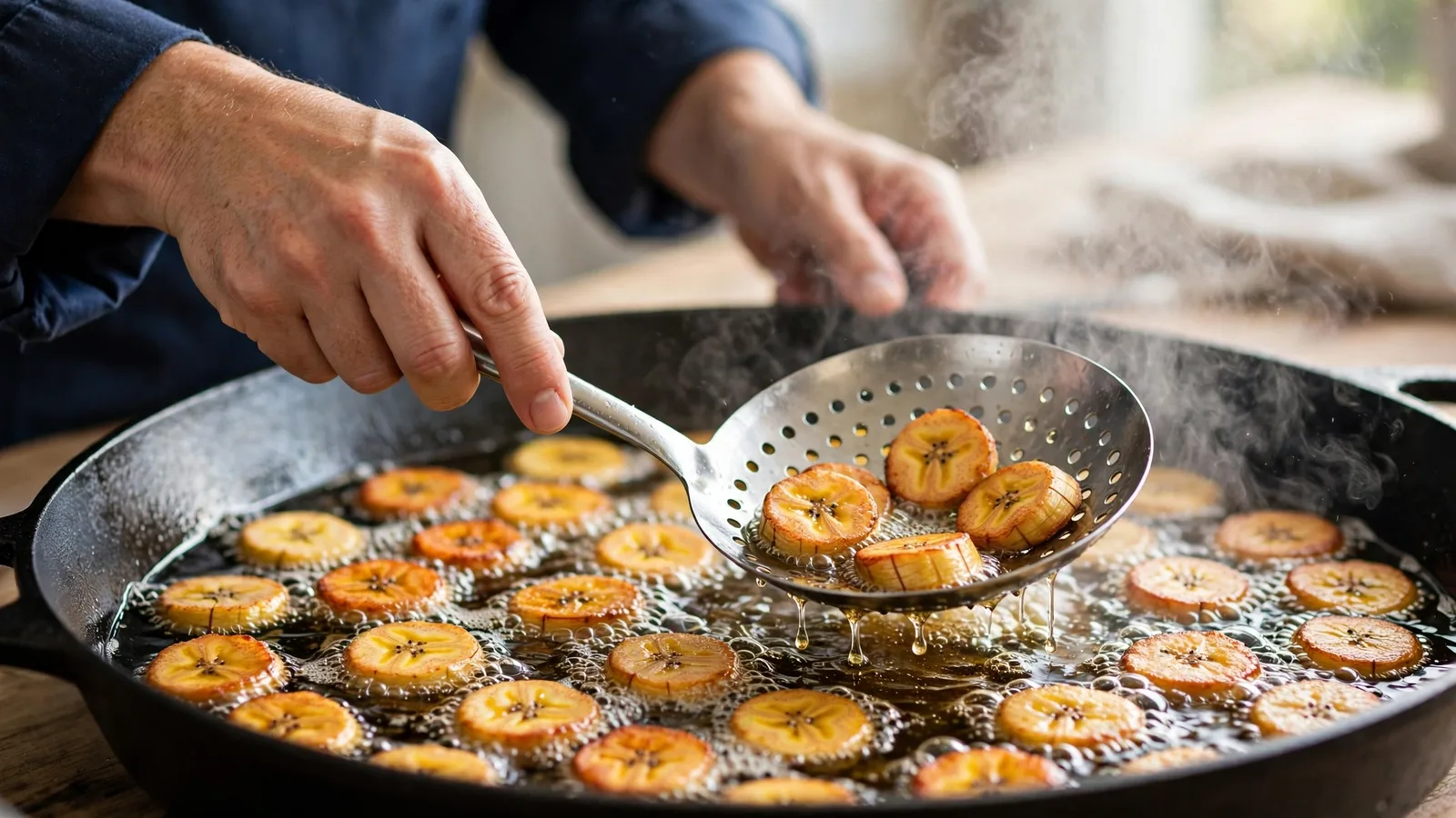 Tajadas de plátano friéndose en una sartén grande con aceite