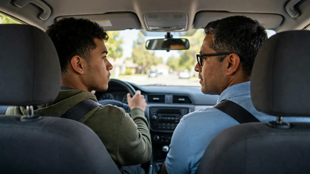 Joven aprendiendo a manejar junto a su instructor dentro de un carro