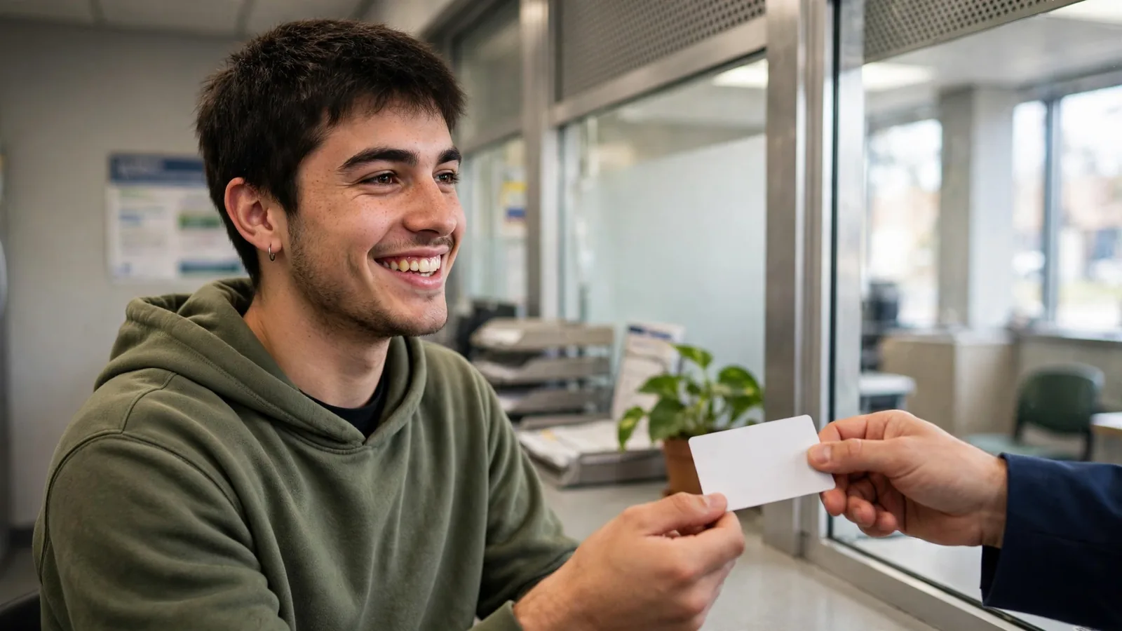 Joven recibiendo su licencia en la ventanilla de una oficina de tránsito