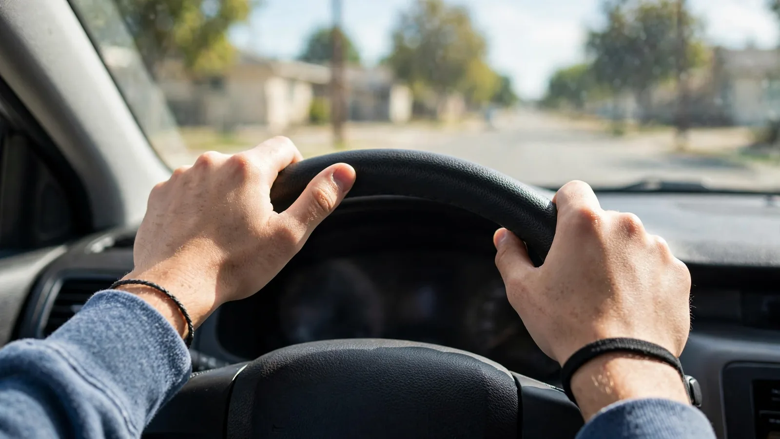 Manos de un alumno sobre el volante con la calle por el parabrisas