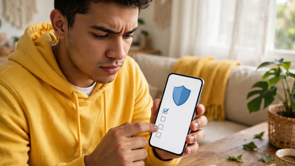 Joven activando la seguridad de su celular con un escudo en pantalla