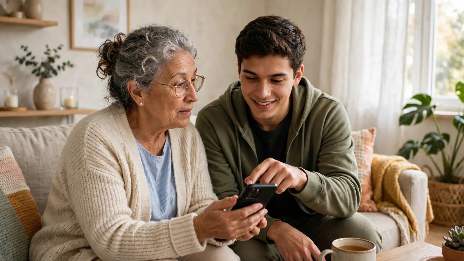 Hijo ayudando a su mamá con los ajustes del celular en la sala