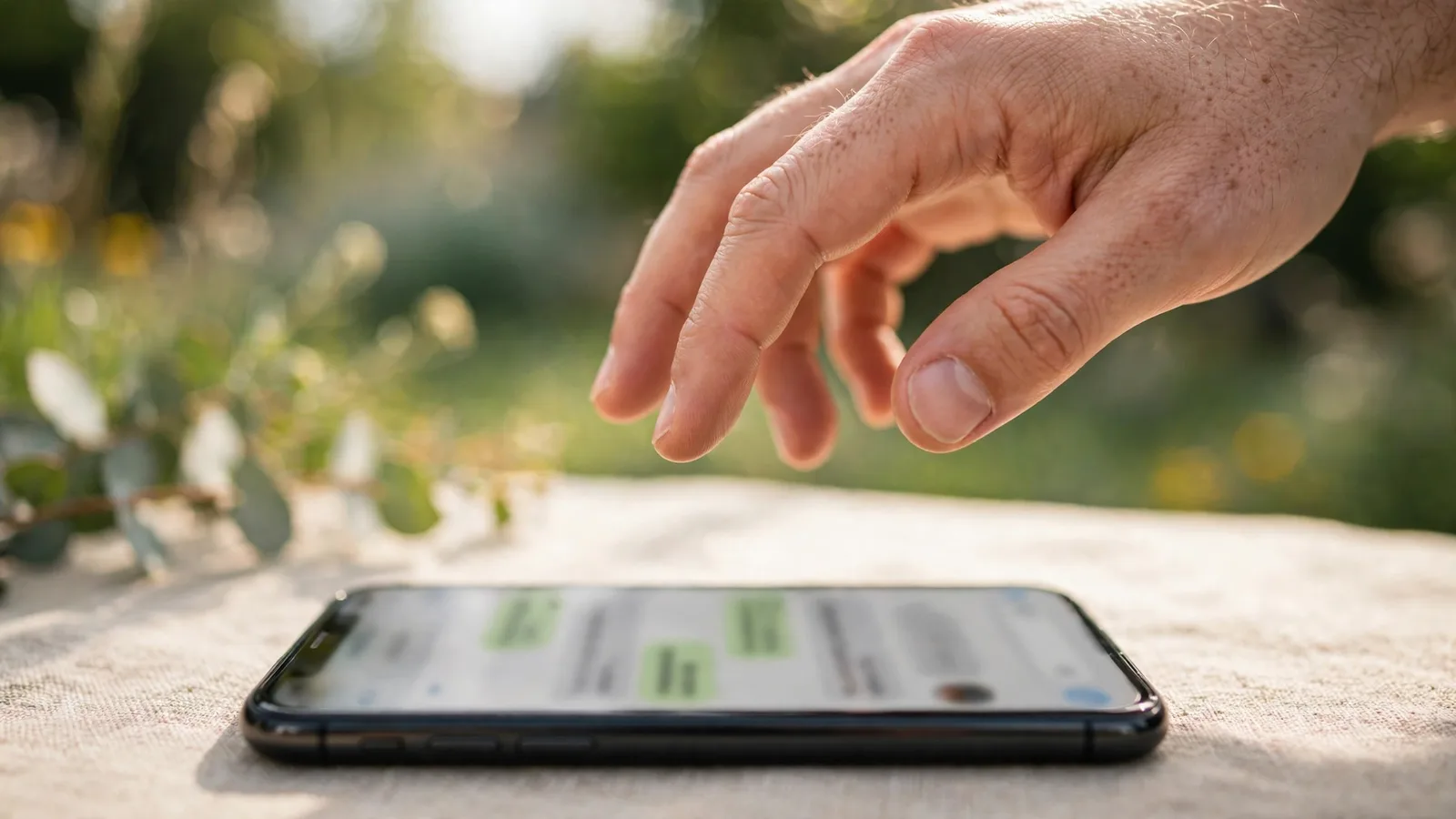 Mano deteniéndose sobre un celular con un mensaje sospechoso desenfocado
