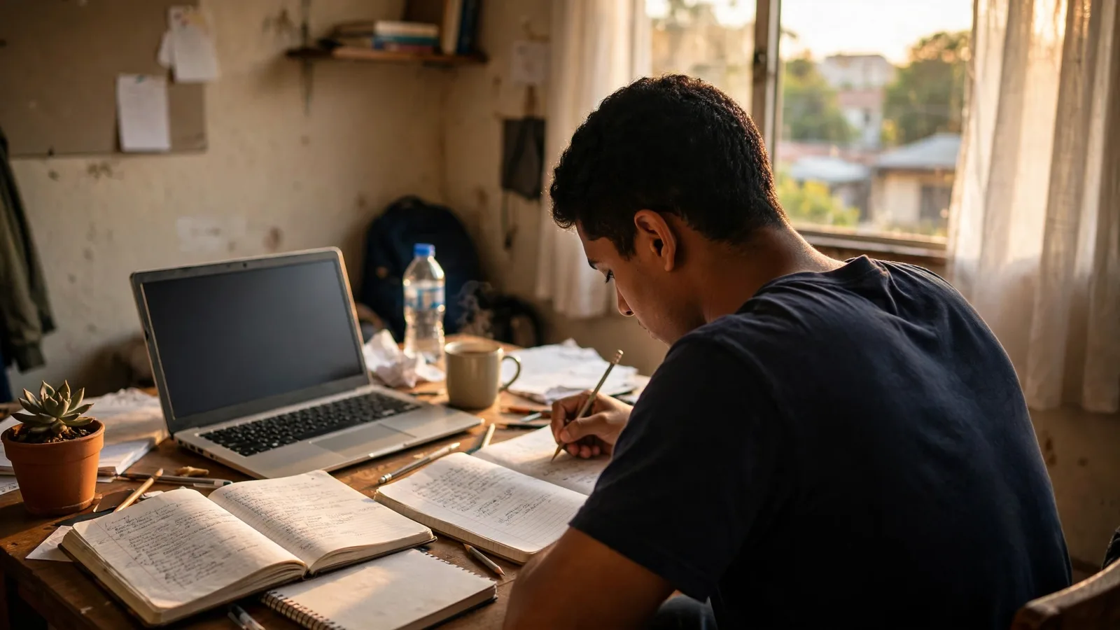 Estudiante escribiendo en su cuaderno junto a una laptop en su cuarto rentado