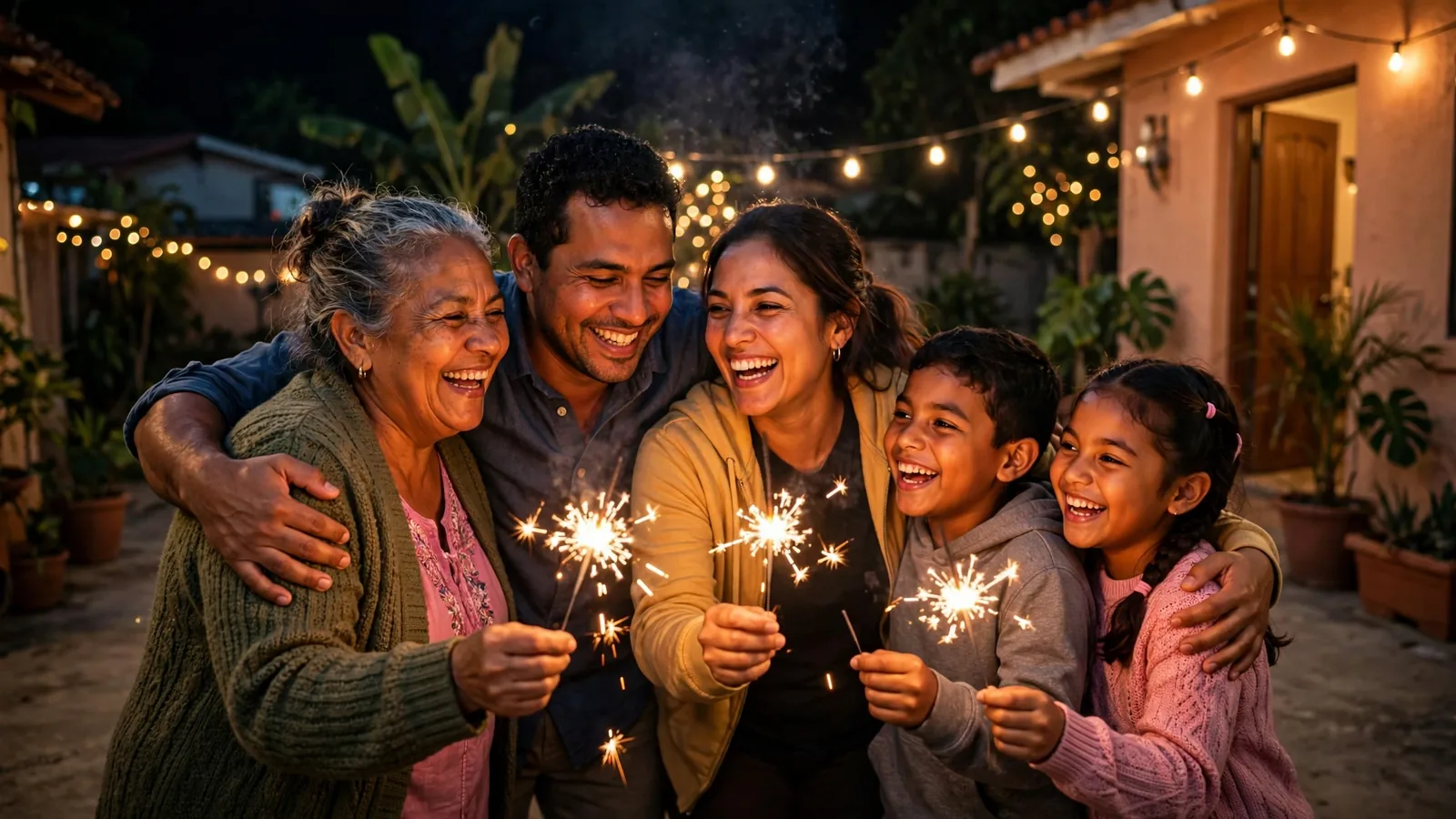 Familia abrazándose a medianoche con luces de bengala en el patio