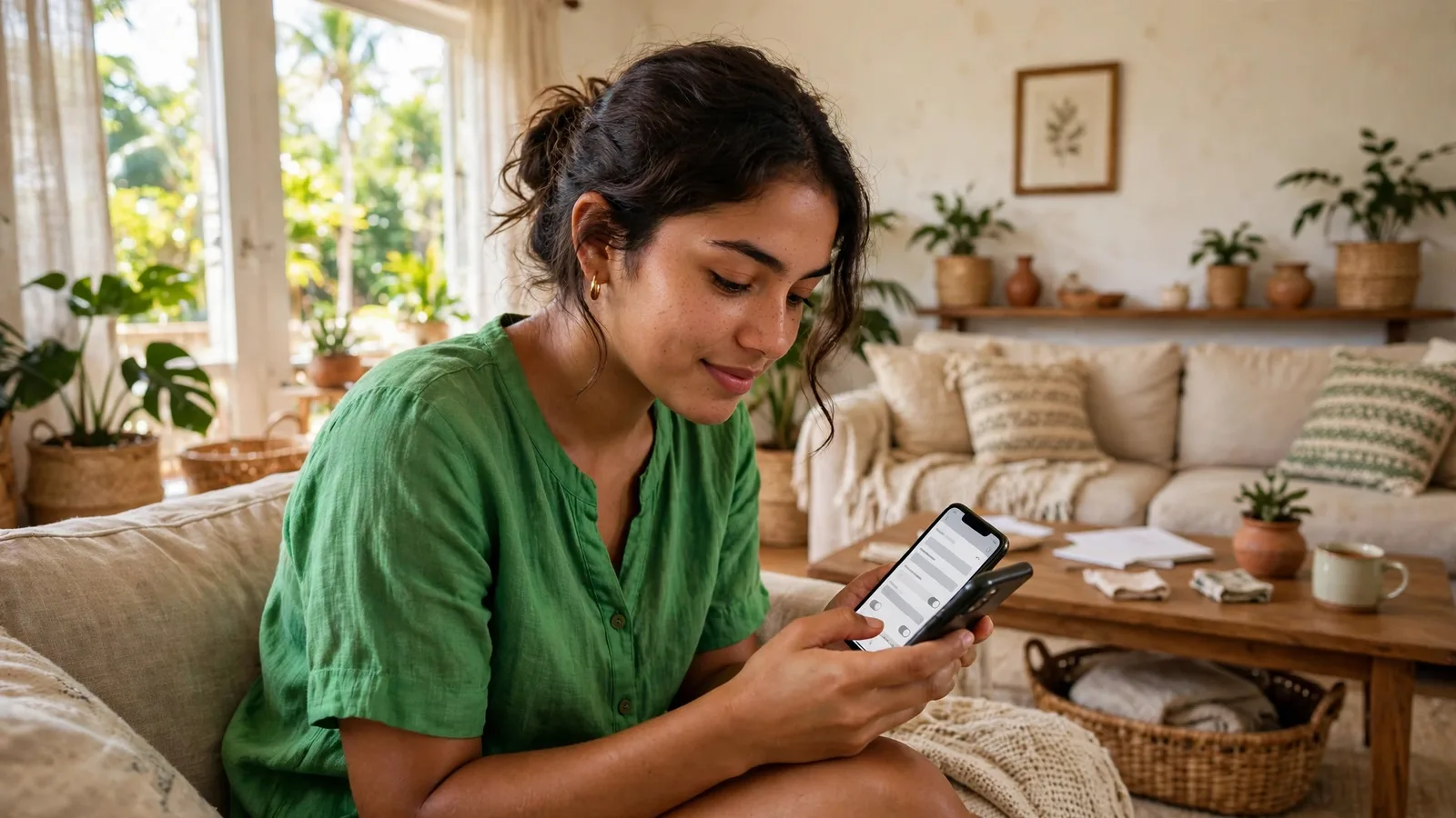 Mujer haciendo un trámite desde su celular en el sofá de su casa