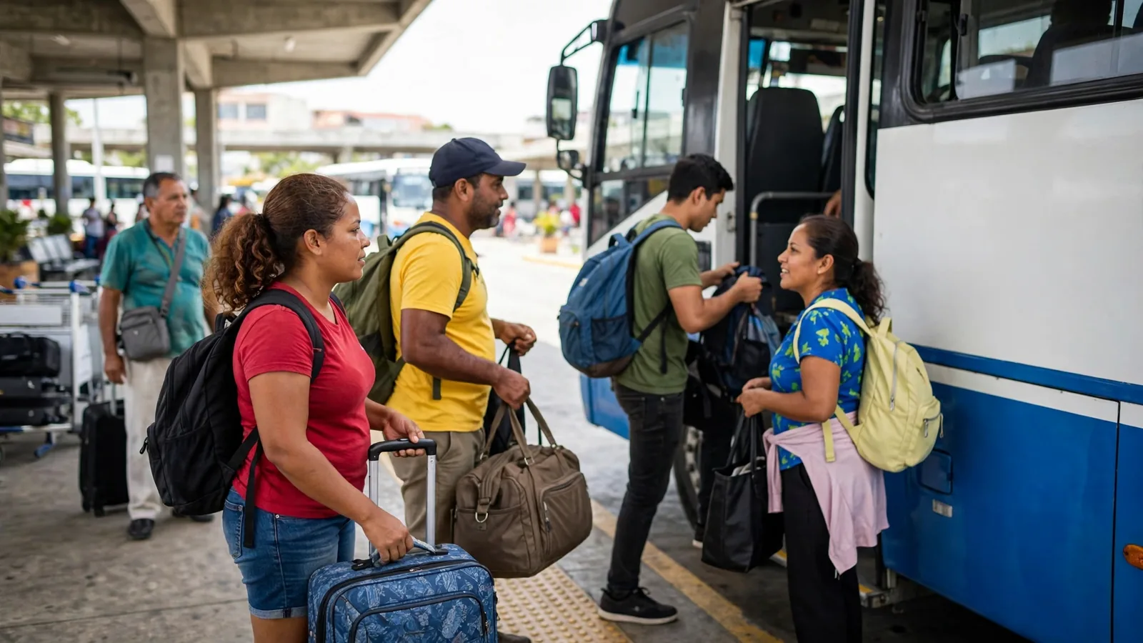 Pasajeros con maletas abordando un bus interurbano
