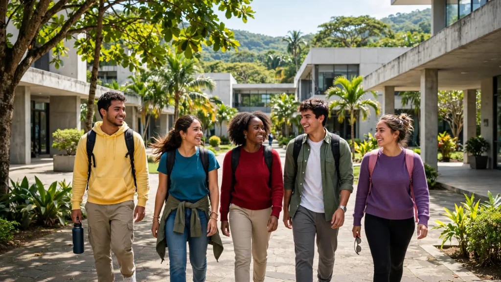 Estudiantes universitarios caminando por el patio de un campus